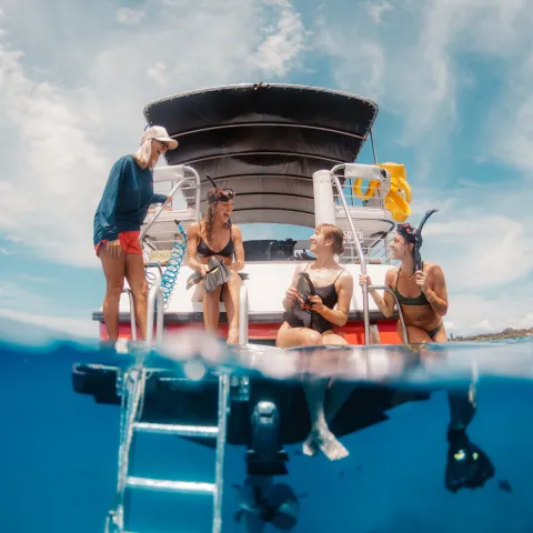 a group of people riding on the back of a boat